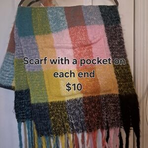 Multicolor Plaid Fringe Scarf with End Pockets-XL